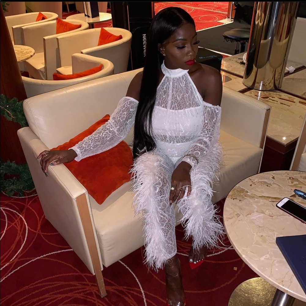 White feathered jumpsuit
